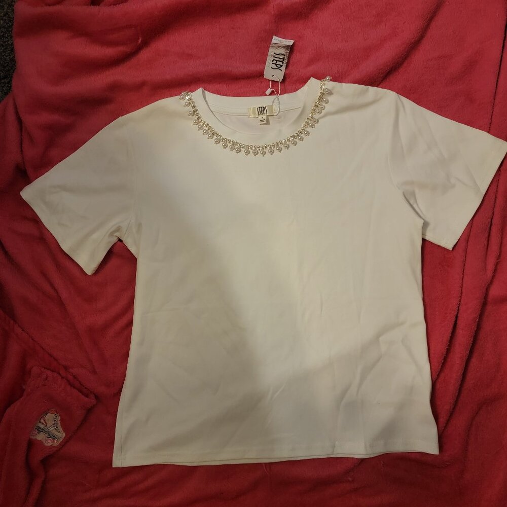 NEW - Size Medium Stretch White Top with Rhinestones and pearls in front of neck